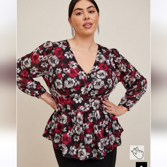 torrid Tops - TORRID Peplum Chiffon Clip Floral Blouson Sleeve Top